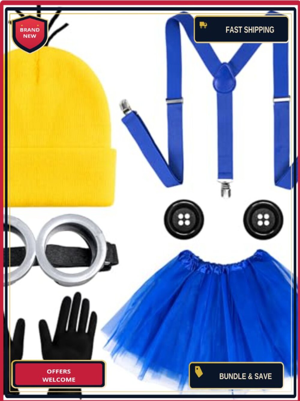 MOVINPE 6-Piece Adult Costume Accessory Set, Beanie, Goggle, Suspenders, Tutu,